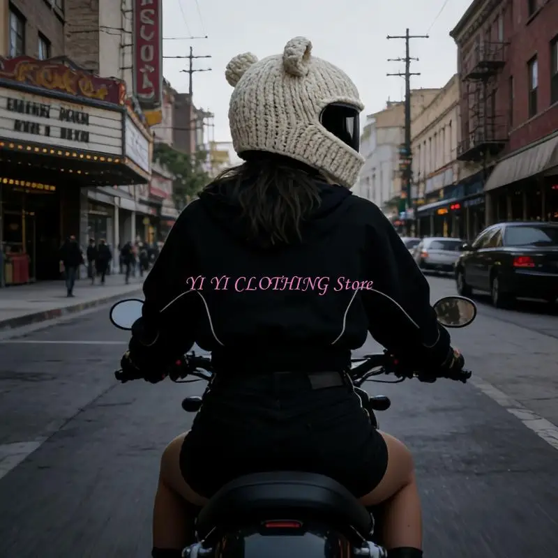 N5KF Cartoon Bear Ear Helmet Cover Warm Winter Knit Helmet Cap For Motorcycling Wear