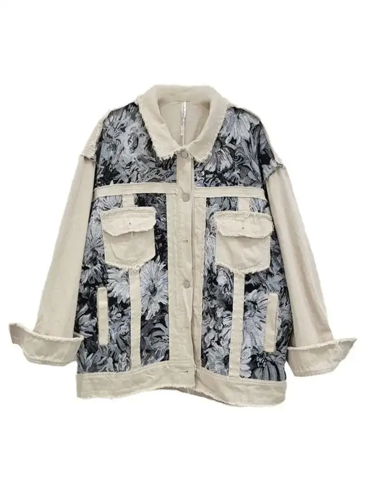 Vintage Trendy Women's Patchwork Print Loose Coat  Summer Fashion Turn-down Collar Long Sleeves Jacket Female
