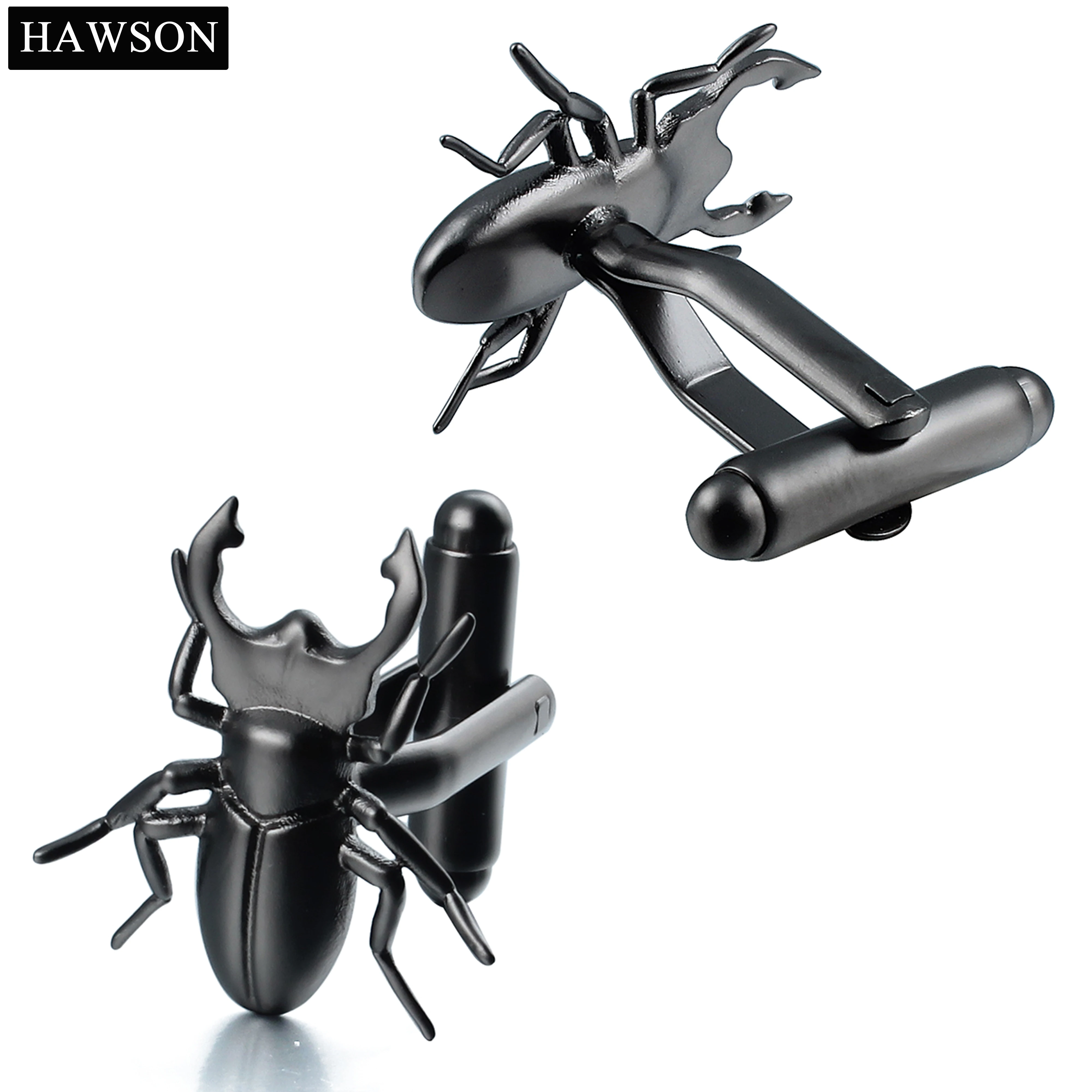 HAWSON Men's 3D Stag Beetle Cufflinks Black Matte Beetle Cuff Buttons Formal Business Party Jewelry Accessory Gift for Lovers