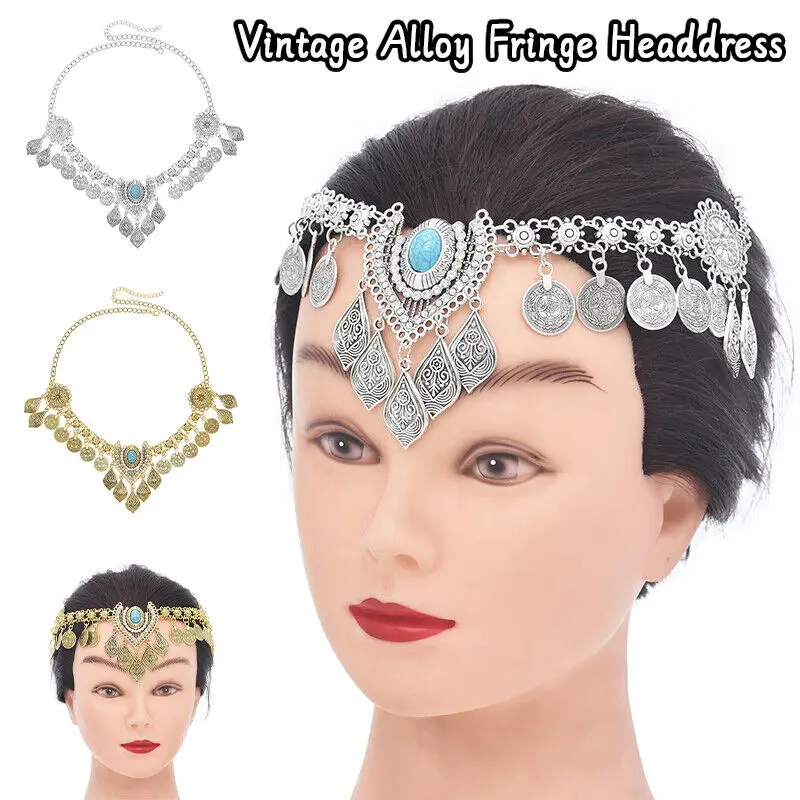 Tocado con flecos de aleación Vintage, tocado Retro con borla de moneda gitana, accesorios para el cabello, flor acrílica de cristal, frente de la tribu étnica