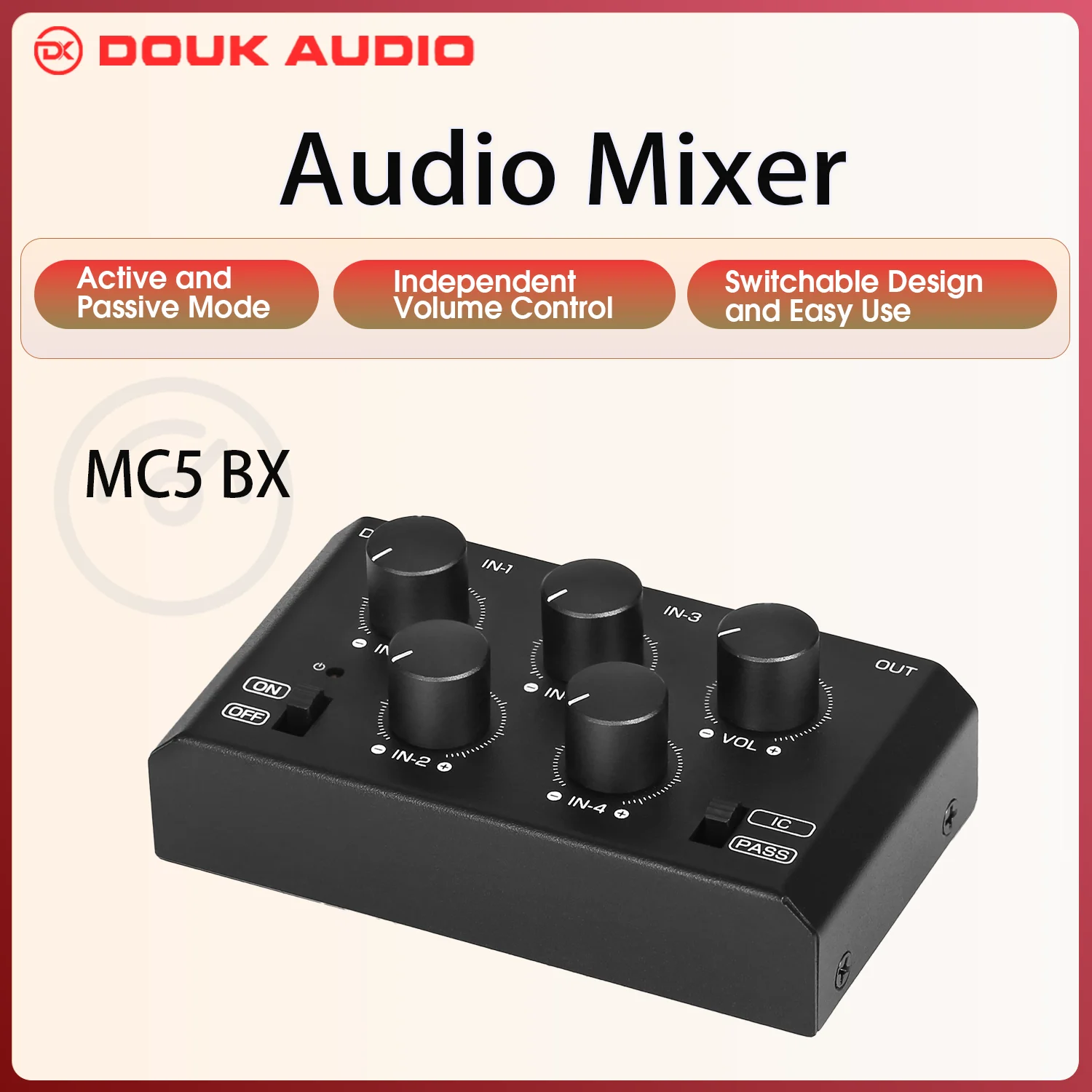 Douk Audio MC5-BX Ultra Low-Noise 4-Channel Audio Mixer Stereo Line Mixer for Home/Studio/Bar Recording