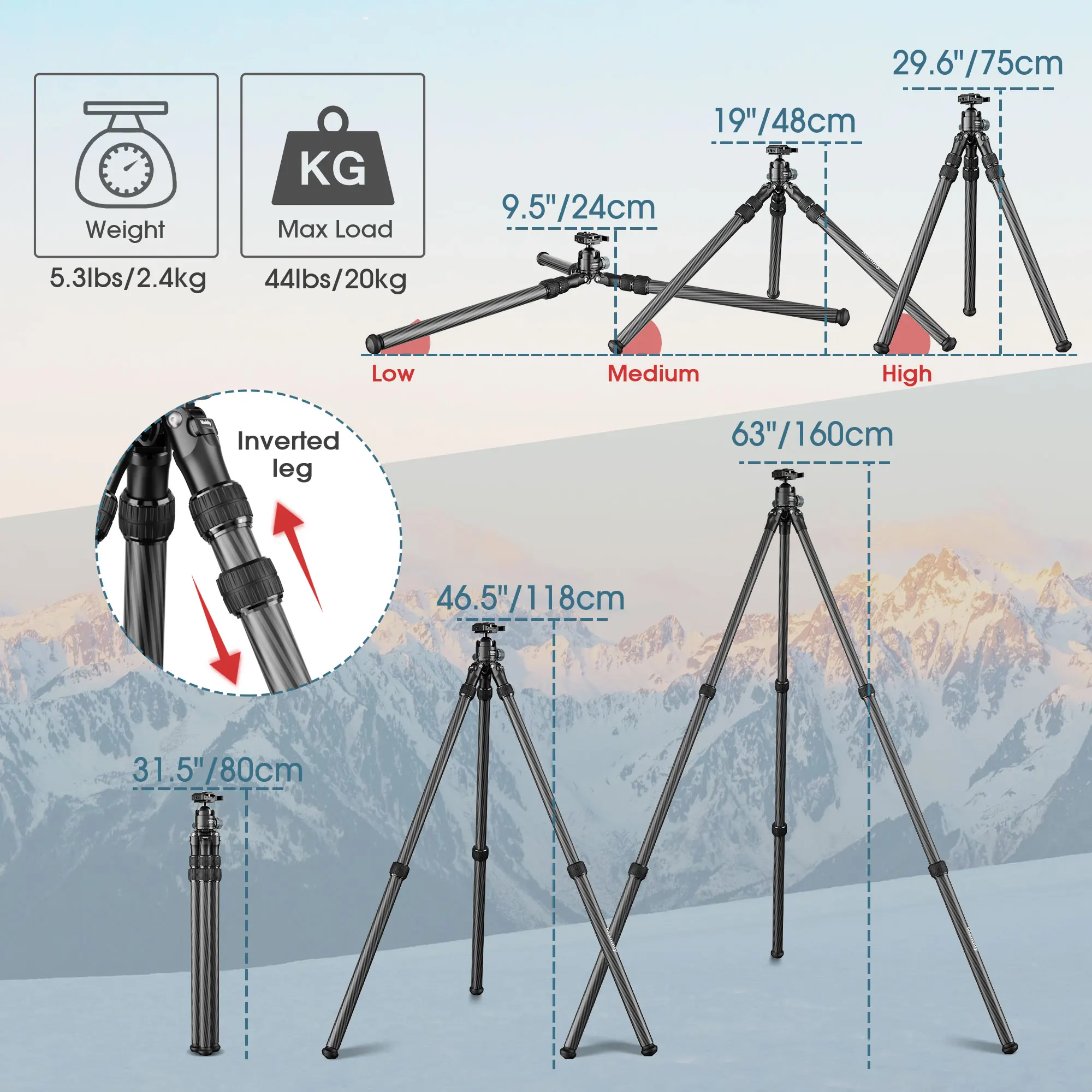 Manbily WZ-2836 with BH-PA02 Professional Carbon Fiber Hunting Tripods for Outdoor Heavy Duty Tripod Max.Load 44lbs