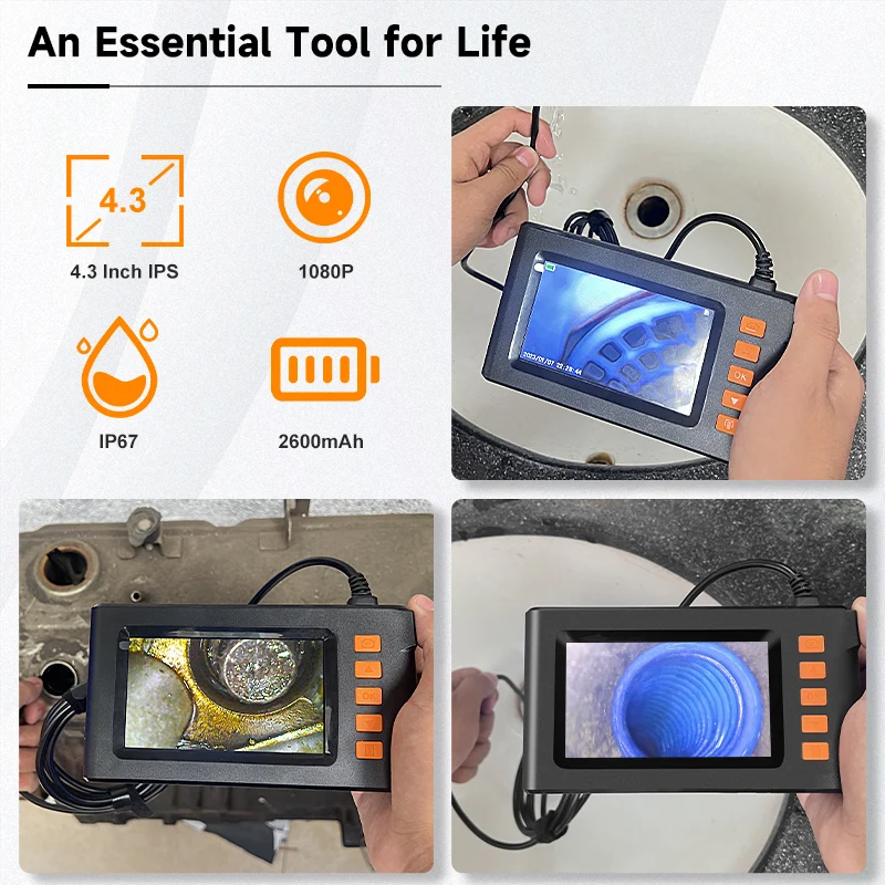 4.3 Inch Screen Endoscope Camera HD1080P 8MM Lens Explorer Pipe Car Inspection Borescope 2-10M LEDs waterprof 2600mAh Take Photo