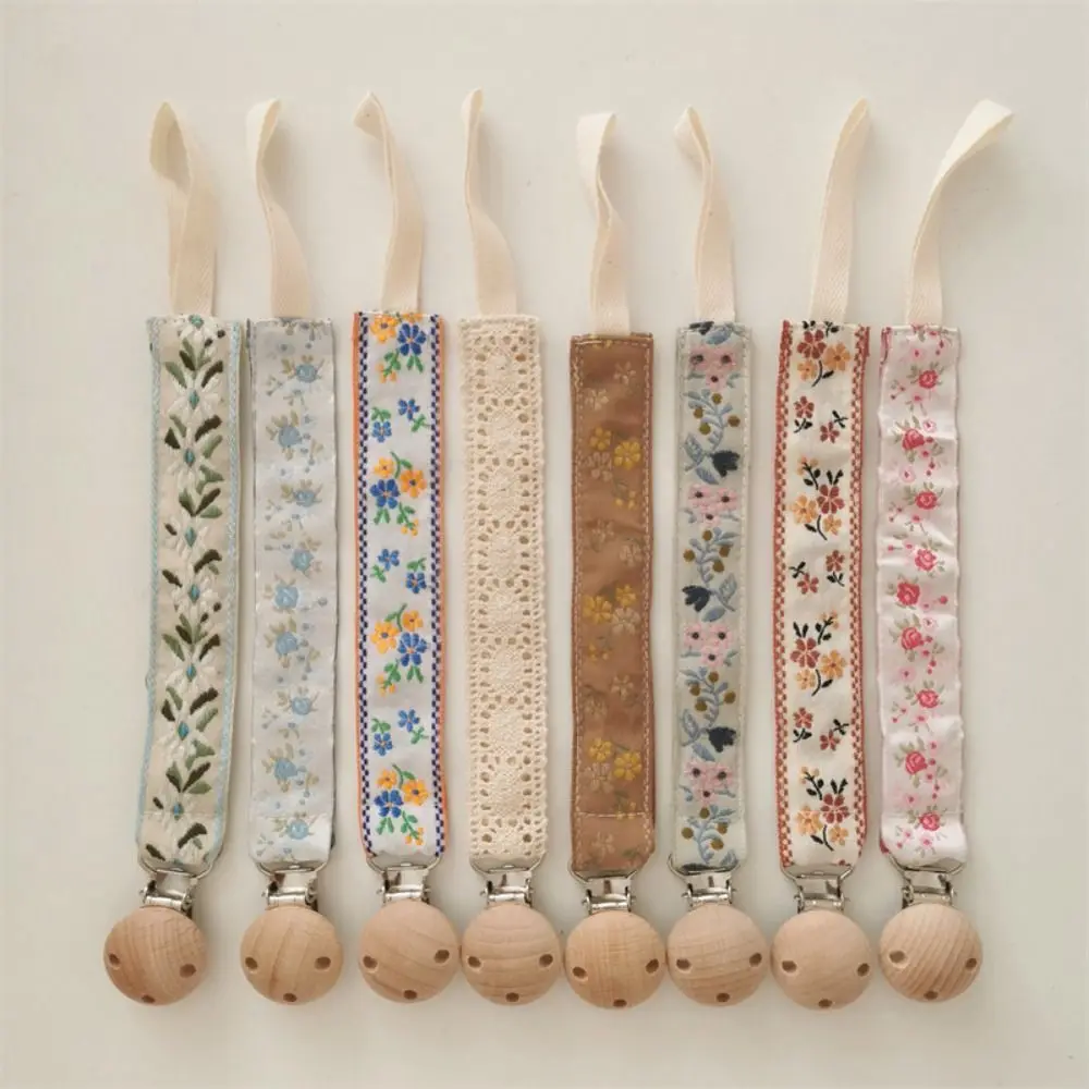 Ethnic Style Baby Cloth Pacifier Chain Embroidery Floral Wood Soother Holder Adjustable Dummy Clips Nipple Holder Clips Toddler