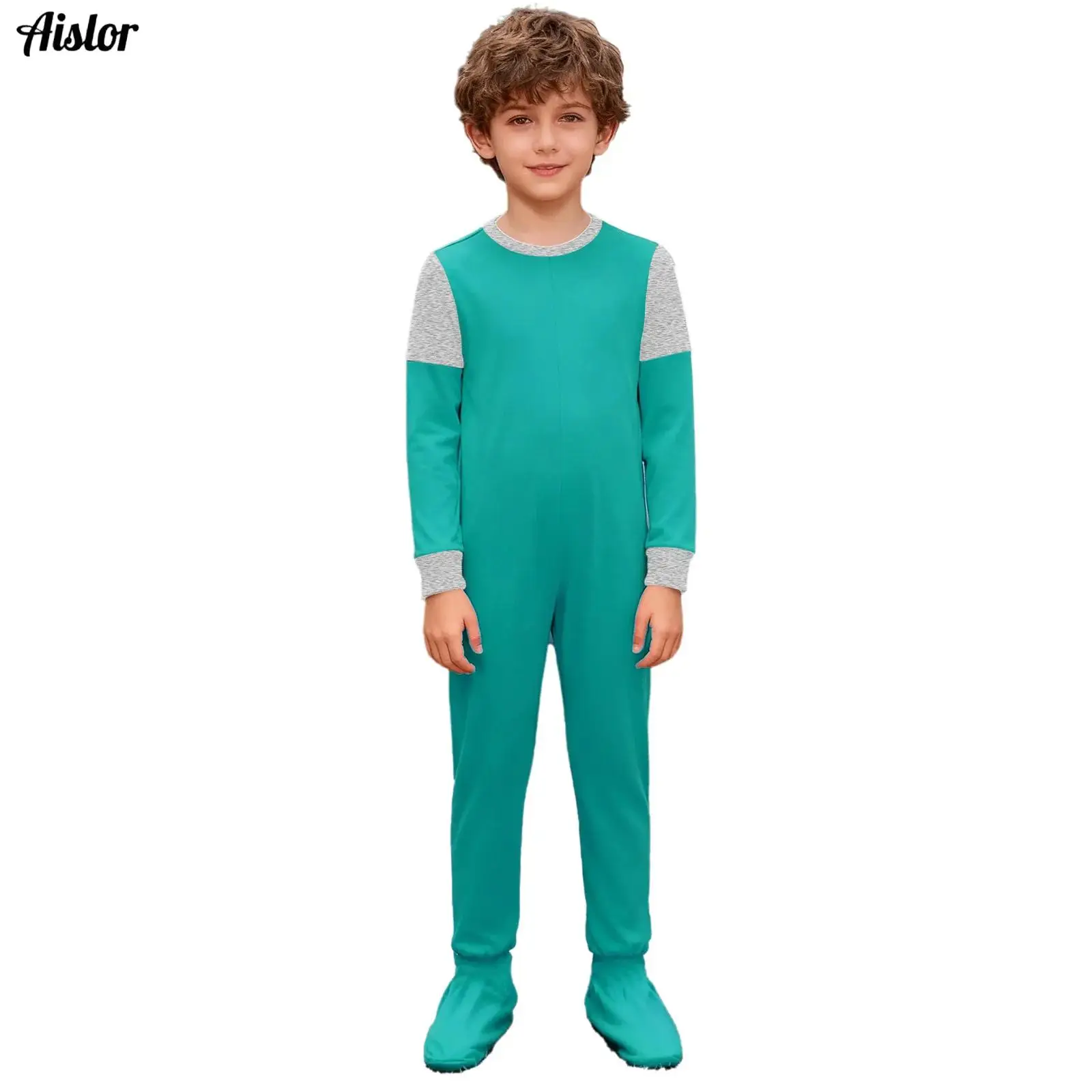 

Kids Boys Girls Special Needs Adaptive Clothing Round Neck Long Sleeve Anti-Strip Back Full Zipper Color Block Footed Jumpsuit