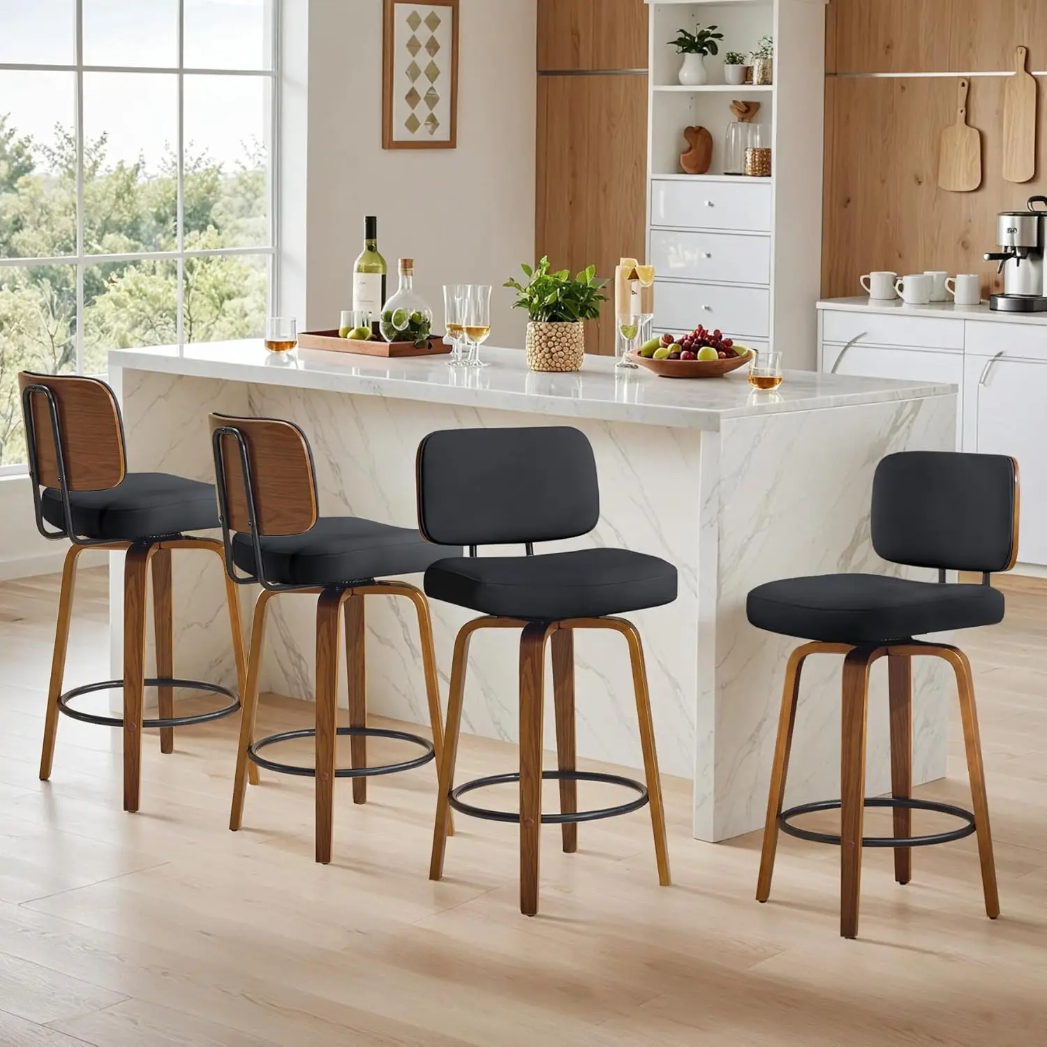 Counter Height Bar Stools Set of 4, 26+inch Swivel Faux Leather Barstool with Back, Upholstered Mid-Century Modern, Customized