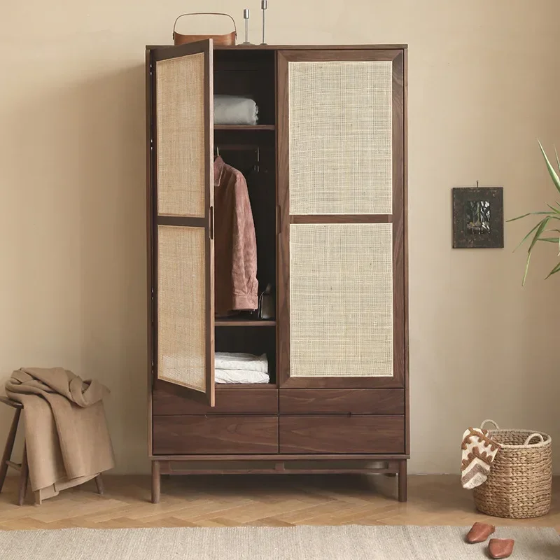 

Household Japanese Retro Rattan Wardrobe Combination Walnut Solid Wood Double Door Storage Wardrobe Small Apartment Bedroom Desi