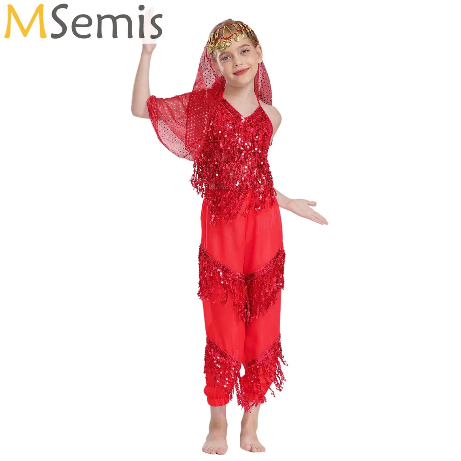 3 stks/set Kinderen Meisjes Pailletten Kwastje Buikdans Outfit Halter Self-Tie Crop Top met Broek Hoofddoek Halloween Prestaties sets