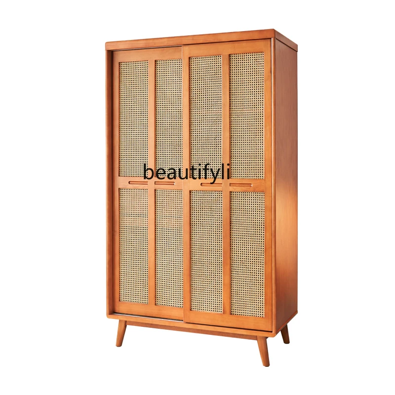 

Solid Wood Rattan Wardrobe Household Bedroom and Household Sliding Door Hanging Wardrobe