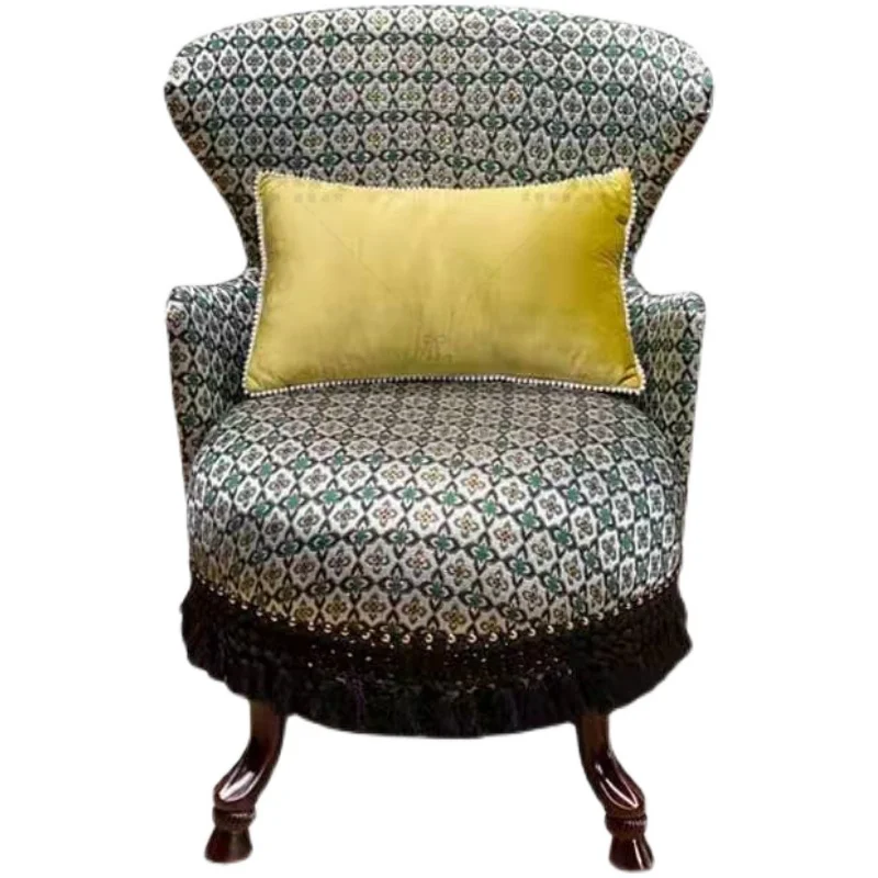 

Retro green gold silk jacquard high-end fabric single sofa single fringed solid wood exhibition hall decorative sofa chair
