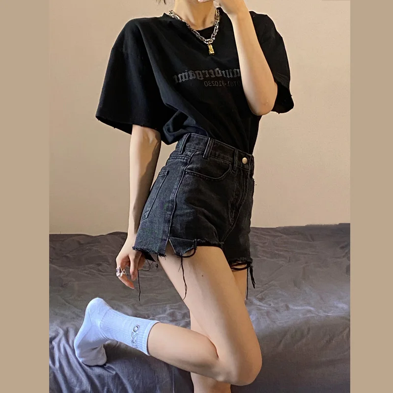 

High Waist Denim Shorts Women's Summer plus Size Slimming A-Line Hot Pants Retro American Style Wide Leg Pants Black
