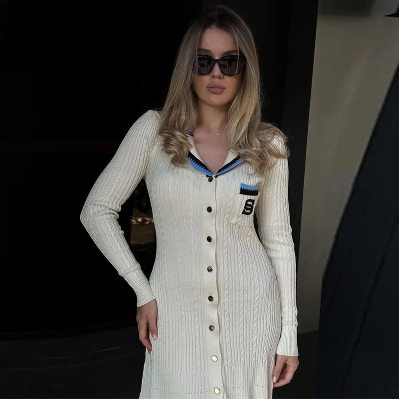 Kontrastowa dzianinowa sukienka damska Eleganckie haftowane sukienki midi z długim rękawem 2024 Jesień Zima Casual Single Breasted Vestido