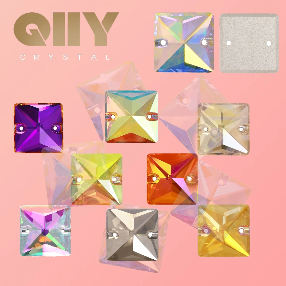 

QIIY Square High Quality Multiple Colors Various Sizes Two Holes Glass Sewing On Rhinestones For Clothes Garment Decoration