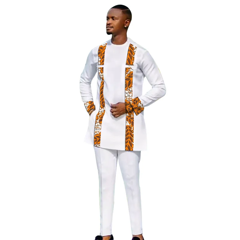 African Print Men\'s Long Shirts+Trousers Designer Customize Pant Sets Nigeria Fashion Male White Suits Plus Size Party Clothes