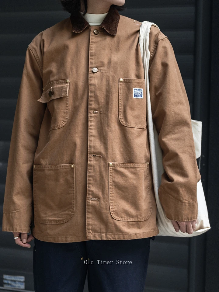 Qingtian 1950s Canvas Chore Coat Vintage Workwear Corduroy Collar