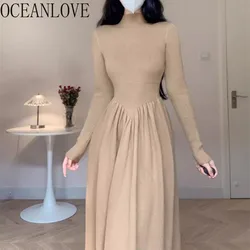 Damskie sukienki z dzianiny OCEANLOVE jednolity kolor, na jesień zimowe podstawy eleganckie Vestidos Mujer koreańska moda na szyję długa sukienka