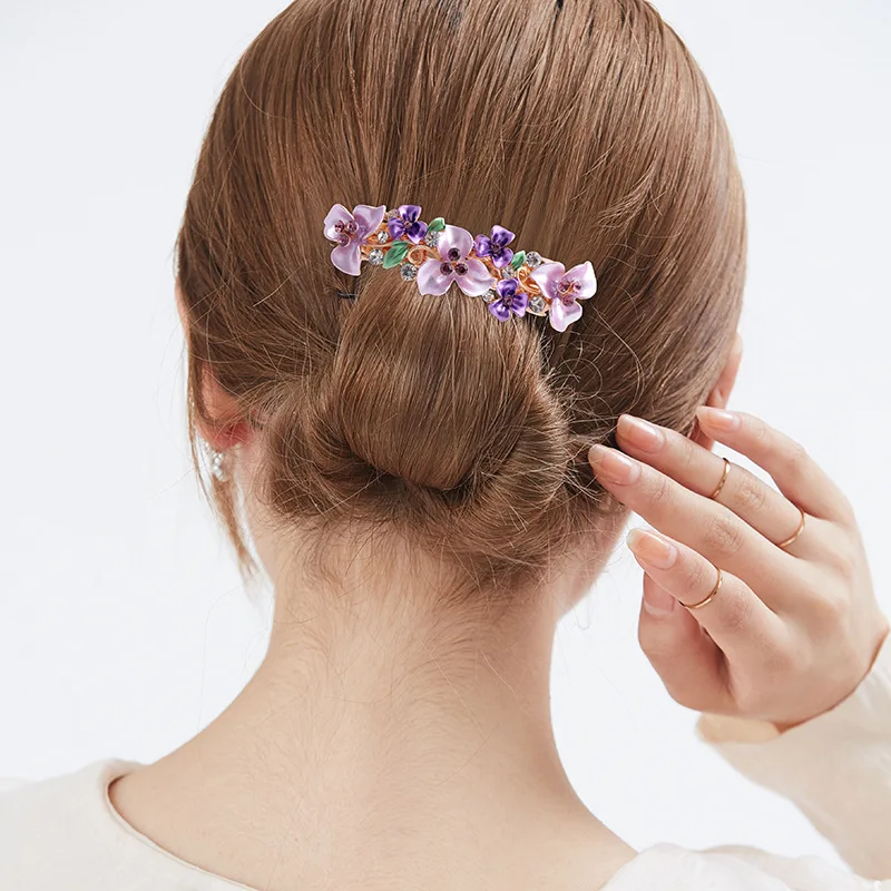 Purple lacquer flower crystal spring hair clip with high-end retro semi tied hair clip for women\'s fashionable hair accessories