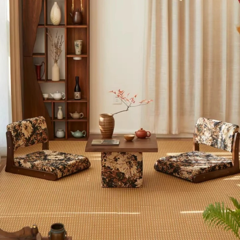 Japanese Tatami Tea Table Living Room Cushioned Backrest Chair Solid Wood Zen Floor Seating Low Profile Ottoman for Bay Window