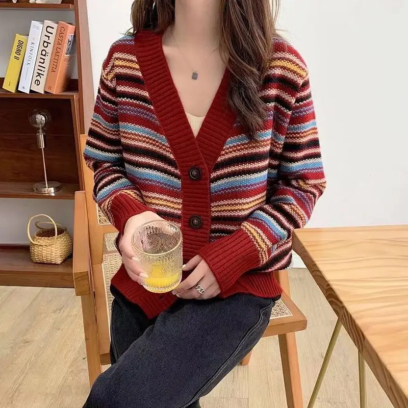 Loose V-neck Korean Style Women's Sweater Cardigan Striped Colorful Knitted Outerwear Casual Elegant Fashion Summer Top