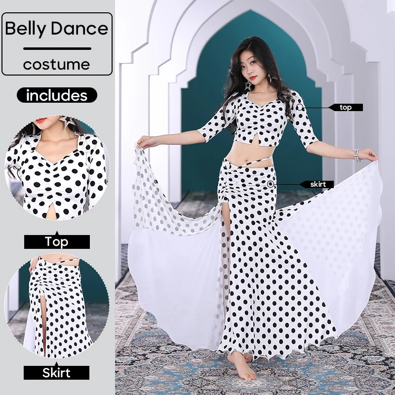 Belly Dance Wear Stage Costume 2 Pcs Set Sexy Wear Top & Skirt Polka Dot Long Skirt Suit For Adult Women Performance Practice