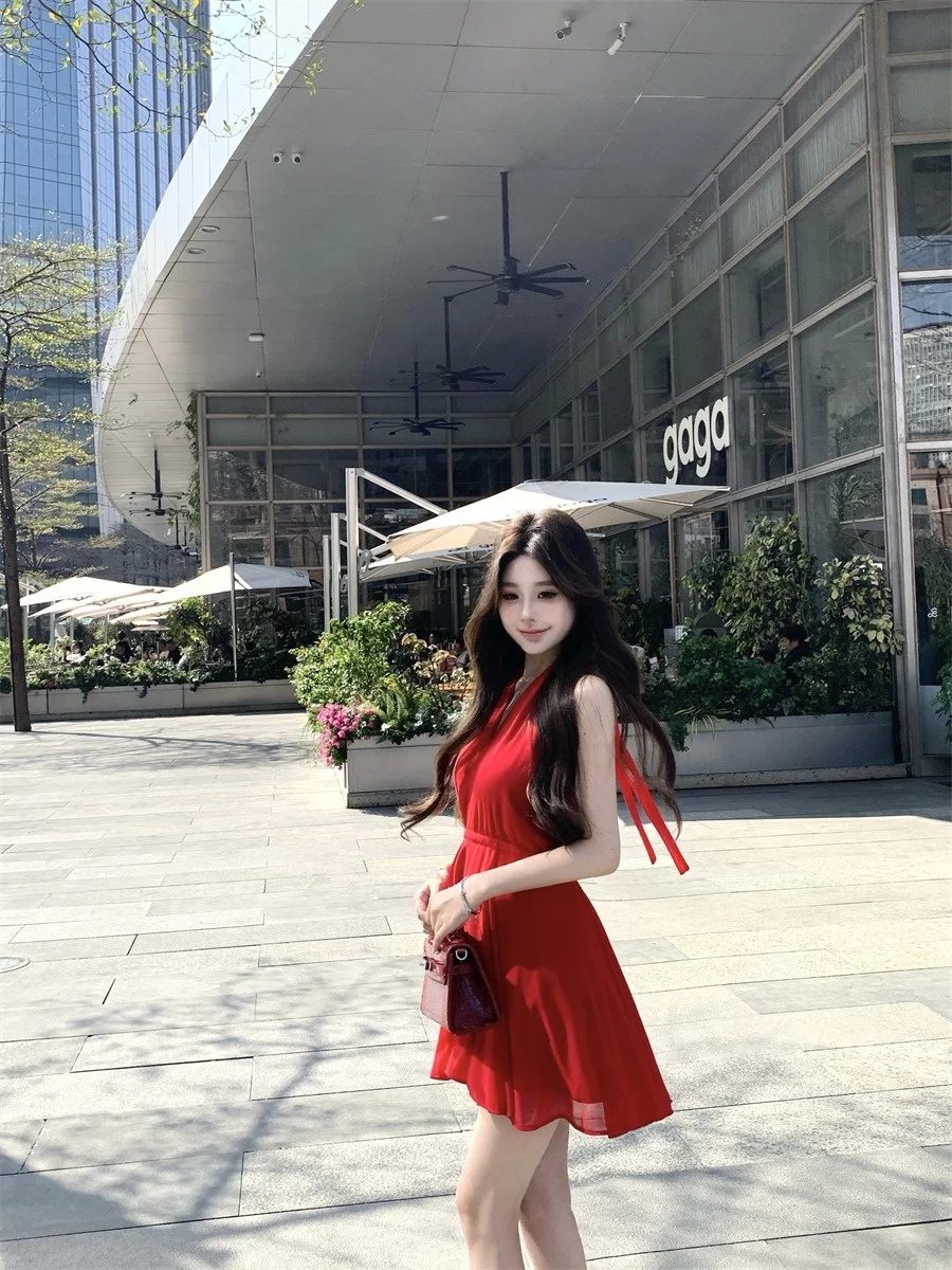 Red Sexy Bal Hanging Ne Dr Women's Summer Elegance Pure Desire ort Skirt Korean Sle  Knot Waist Cinch