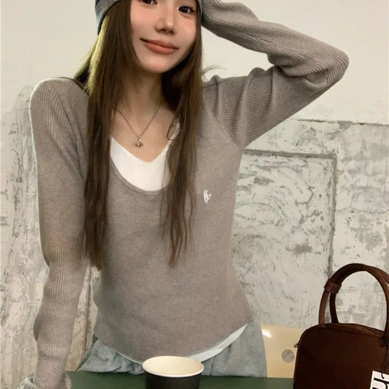 Long Sleeve T-shirts Women Fake Two Pieces Baggy Clothes Fashion All-match Outwear Preppy Youthful Young Lady Tender Ulzzang