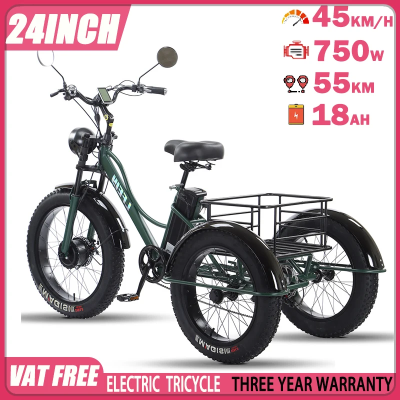 Electric Tricyle Adult Bicycle 24Inch Fat Tires 3Wheel Mountain Off-road Electric Cargo Bike 750W48V15AH Mobile Lithium Battery