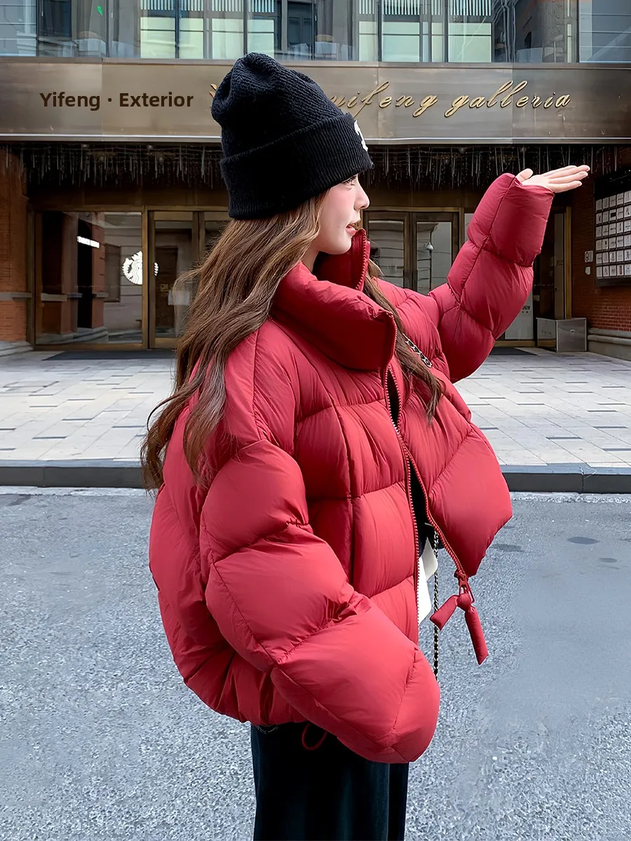 Rojo ort Puffer Jaet mujer 2025 invierno tamaño pequeño 90 blanco Du abajo ropa de abrigo cálida y esponjosa cuello levantado sensación de burbuja