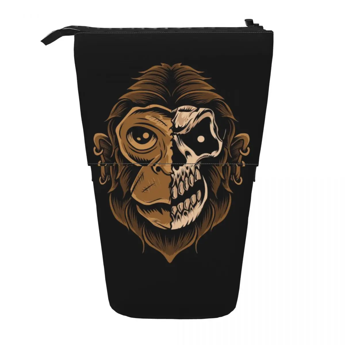 Monkey Skull Head On Black Background Pen Box Student School Zipper Pen Bag Vertical Retractable Pencil Case