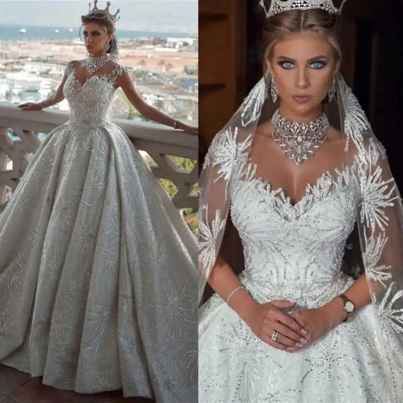 

Exquisite Wedding Dresses V Neck Sleeveless Crystal Sequins Applique Bride Gown Sweep Train Customized Vestidos De Novia