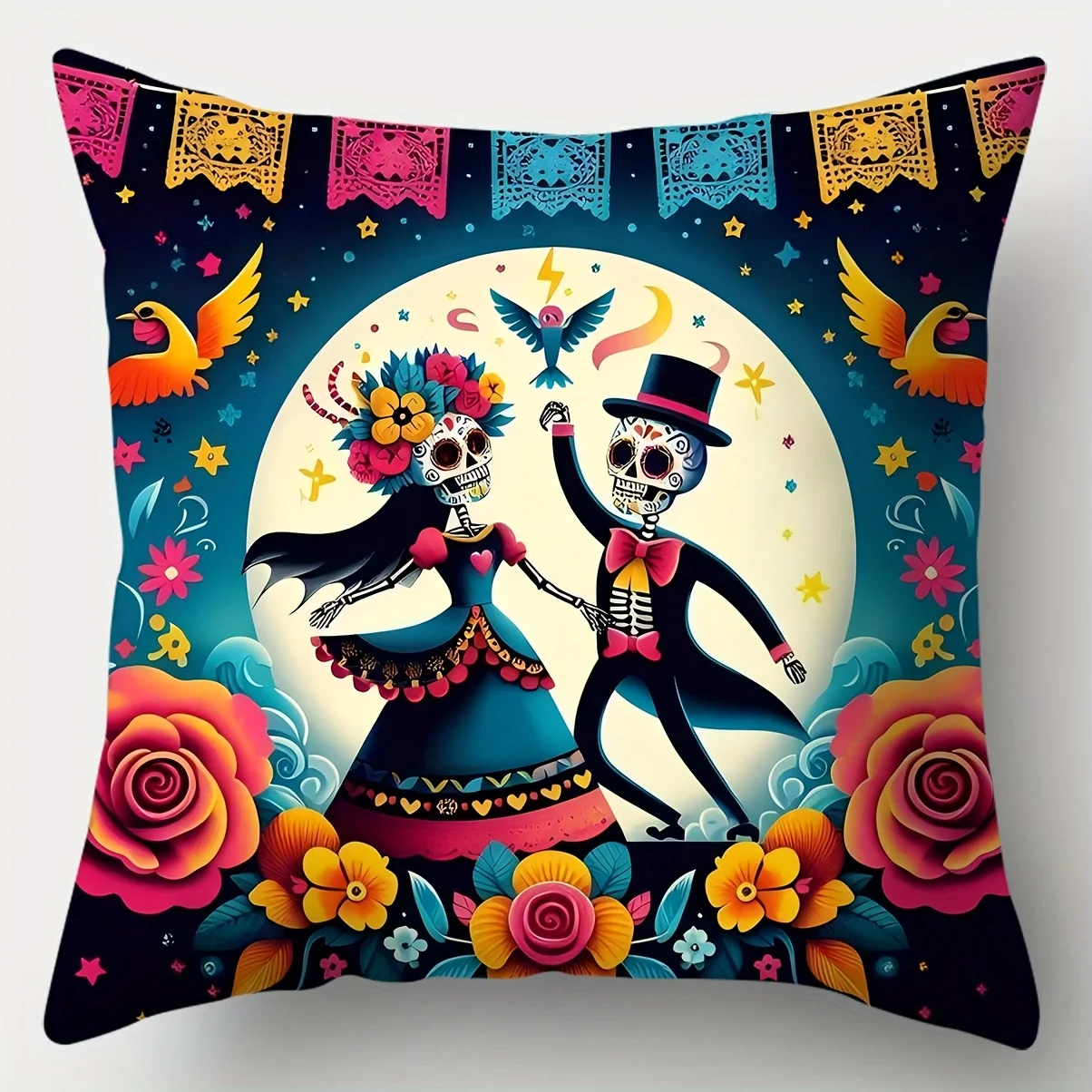 Mexican Holiday Pillow Covers with Skull Pattern, Mexican Day of the Dead Pillowcase  One-Sided Print
