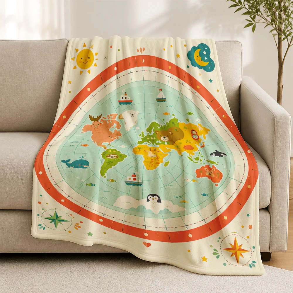 Cozy World Map Print Throw Blanket Sofa Couch Cover for Kids Nursery Travel Decor Globe Earth Planet Fleece Home Accent