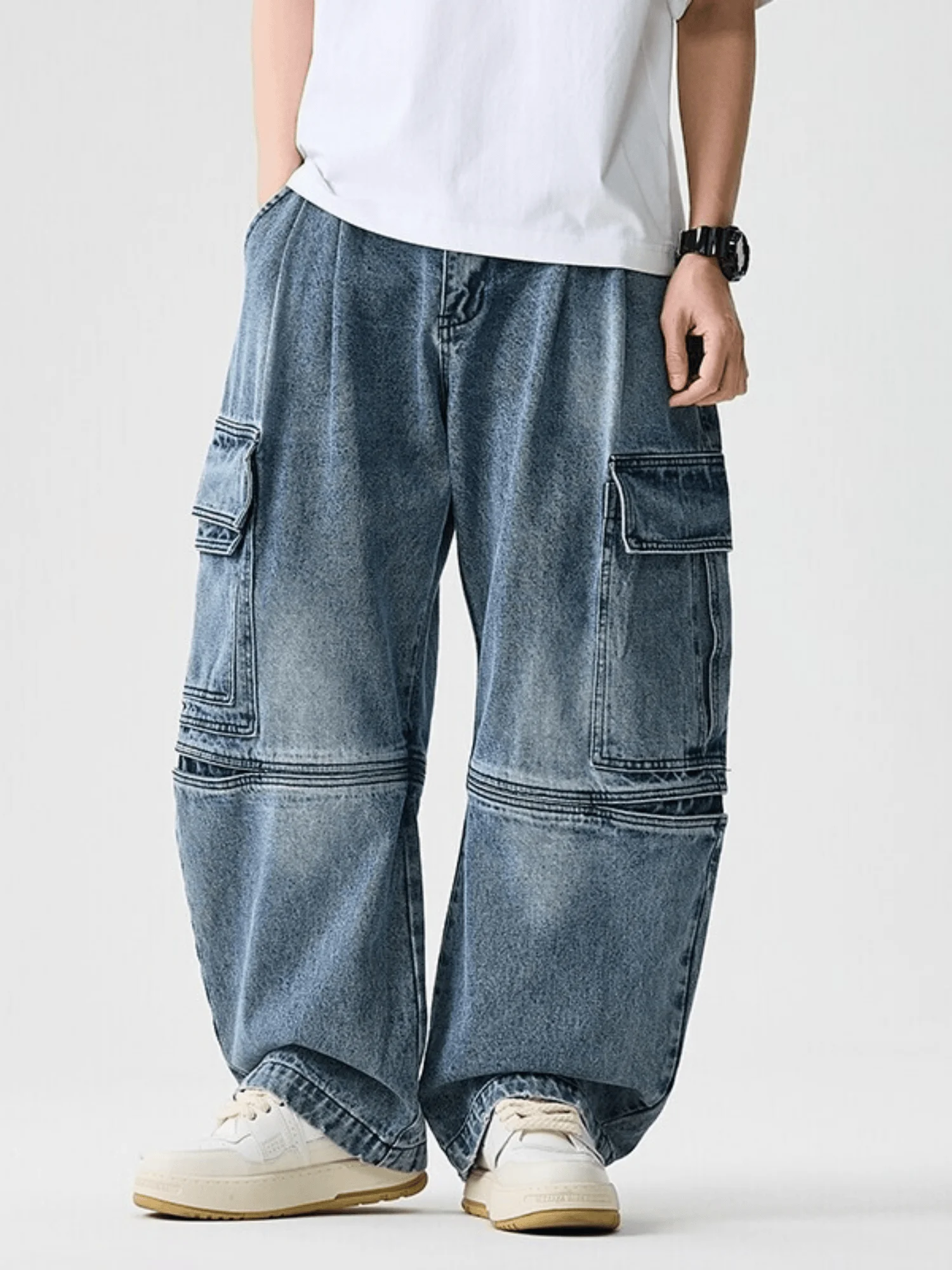 

American Retro High Street Casual Jeans Loose Fit Straight Leg Workwear Trousers Breathable Long Pants for Men
