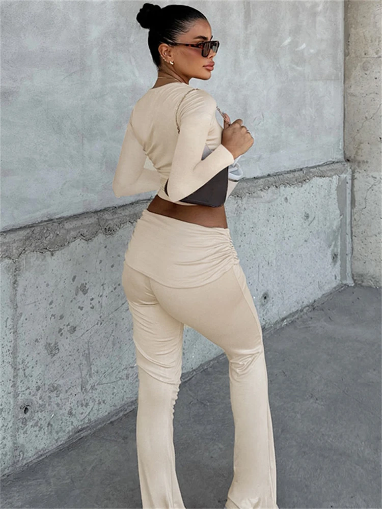 Absobe Solid Pleated Crop Top Flare Pants Leisure Suit Women Long Sleeved Tight Trousers 2 Piece Set Autumn/winter Street Outfit