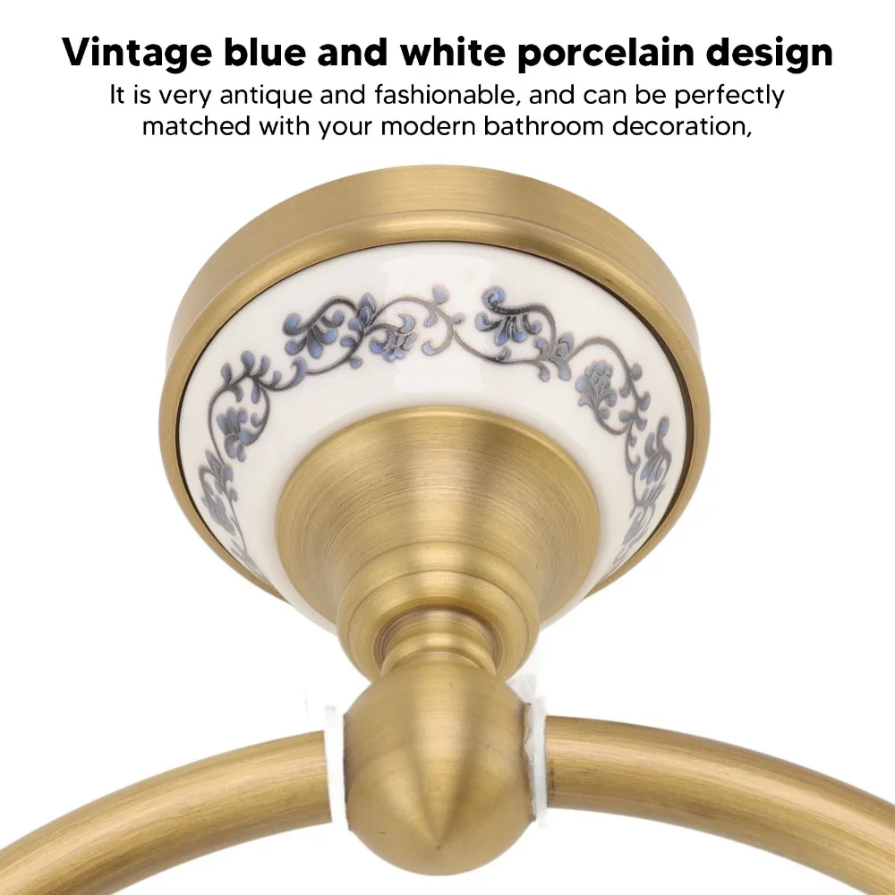 Copper Towel Ring Antique Gold Blue White Porcelain Decal Towel Holder Easy Installation Antique Brass Finish Towel Hanger