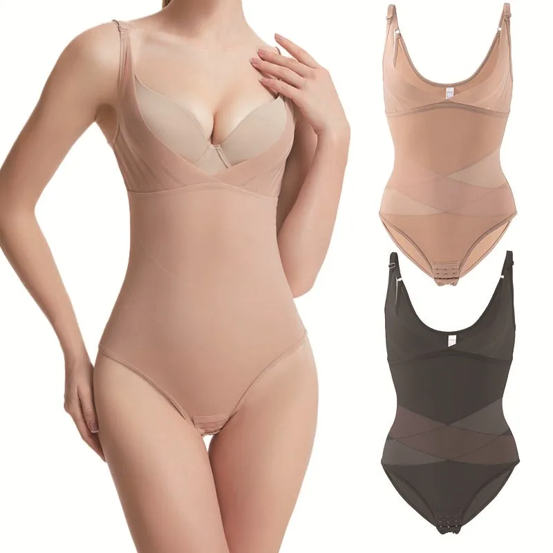 

Women Cross Tummy Control Shapewear Sexy Mesh Slimming Waist Briefs Bodysuit Thin Breast Cup Body Shaper Butt Lifter Smooth Body
