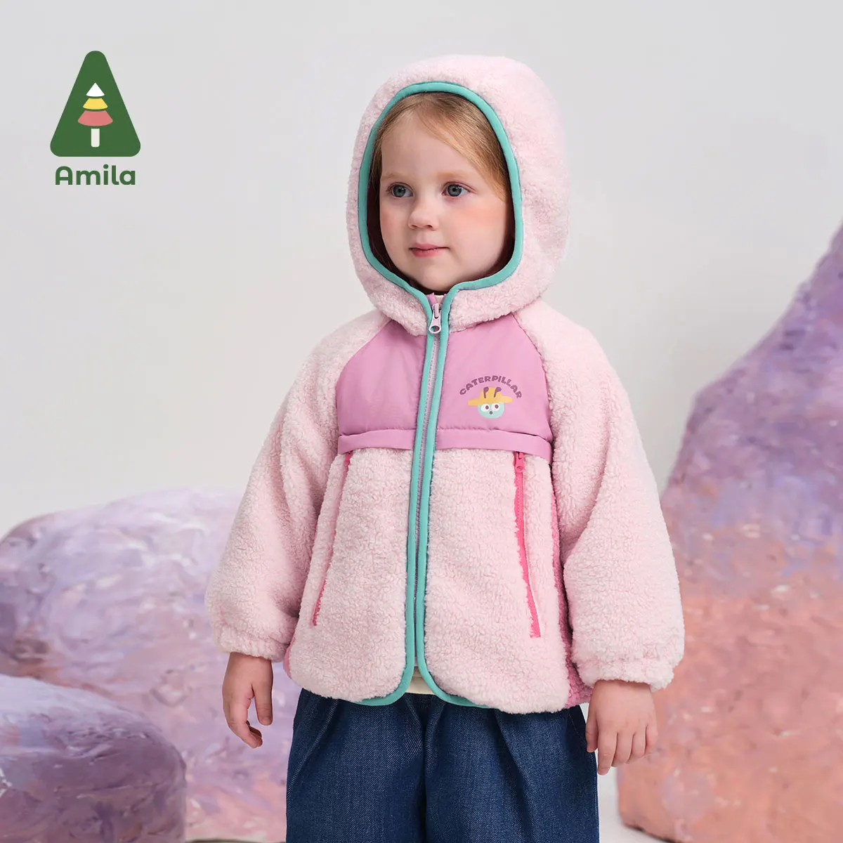 Amila Baby Cardigan 2024 Winter New High Quality Boys And Girls Polar Fleece Contrast Color Hooded Warm Loose Children‘s Jacket