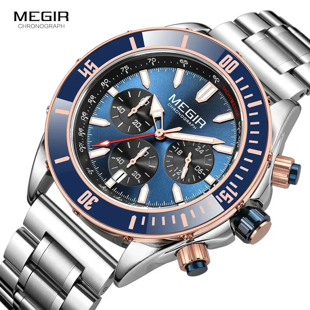 MEGIR Business Dress Watch Men Silver Blue Luminous Waterproof Chronograph Quartz Wristwatch with Stainless Steel Band Date 2226