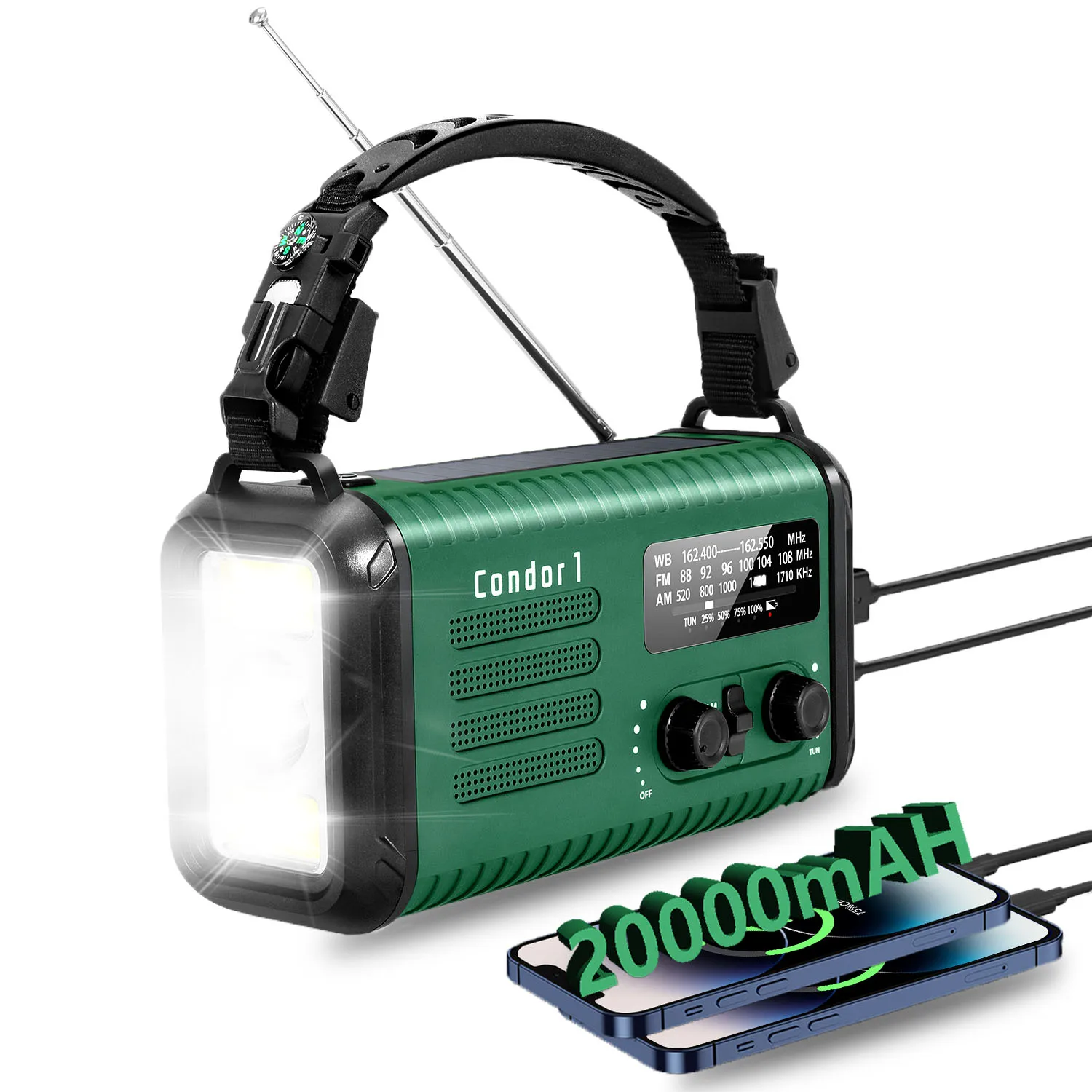 20000mAh Emergency Radio Hand Crank Solar Portable Radio Flashlight Hand Crank Solar Noaa Weather Radio with SOS Reading Lamp