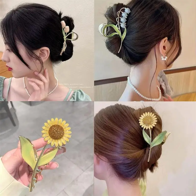 Flower Claw Clips For Thick Hair 6 PCS Metal Floral Claw Hair Clamps Strong Hold Nonslip Hair Accessories For Long Straight Hair