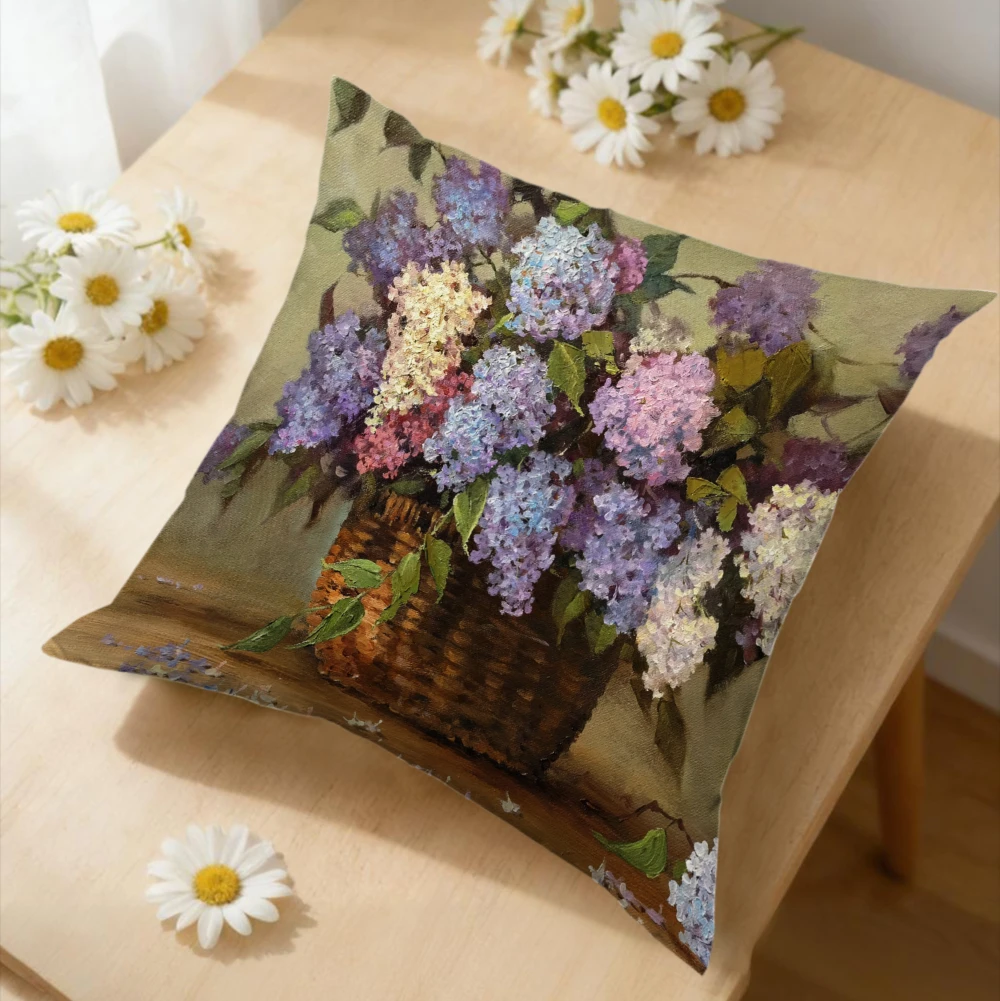 1pc Vintage Floral Basket Cushion Cover Purple Blue Hydrangea Pillowcase For Sofa Bed Living Room Home Decor Soft Breathable x-2