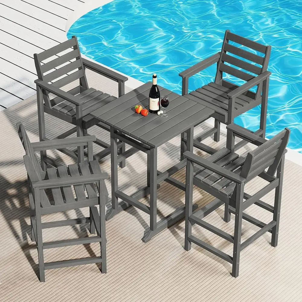 

5-Piece Outdoor Bar Set, Bar Height Chairs for 4, Table with Umbrella Hole, Weather-Resistant Patio Furniture, Grey