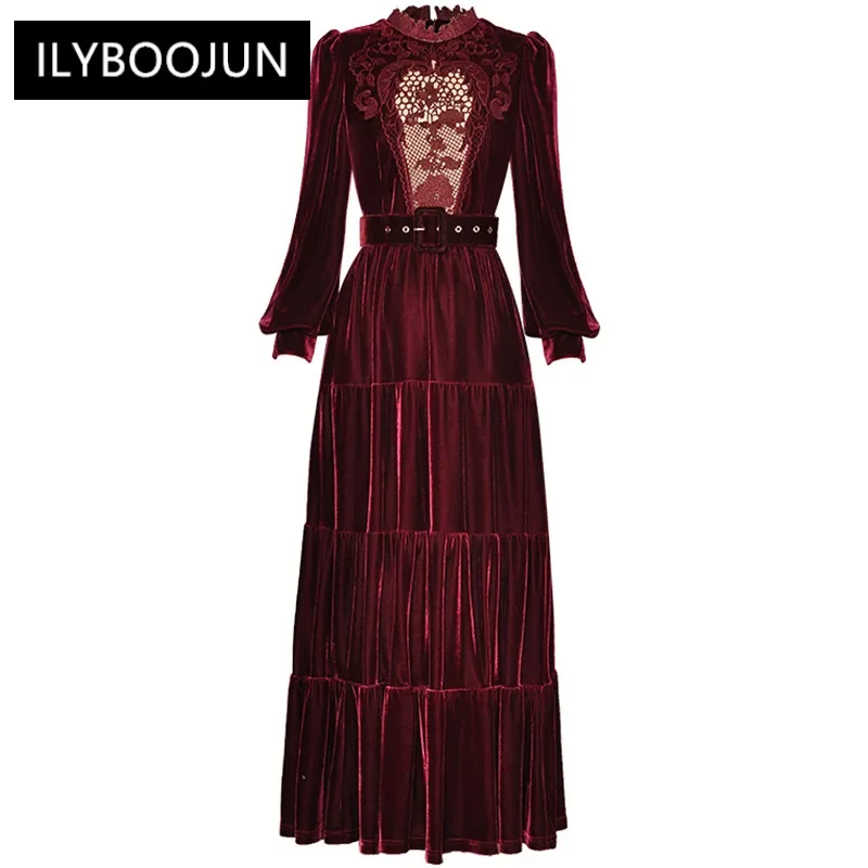 

Autumn Runway Wine Red Velvet Dress Stand Collar Embroidery Sashes Gathered Waist Slim Long Dresses For Women 2023 Luxury Brand