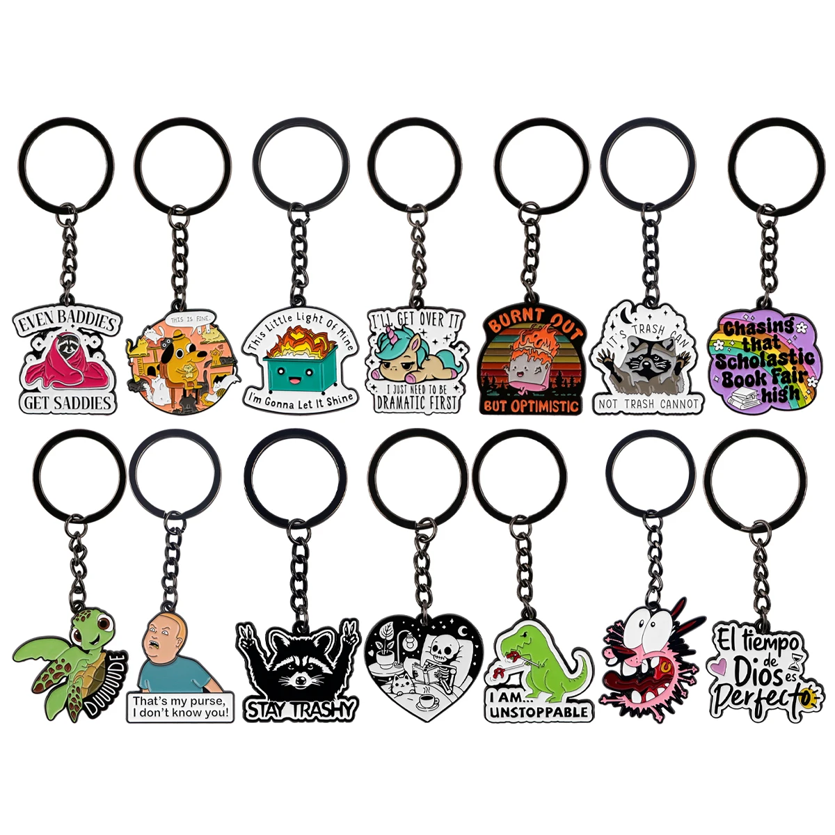 Funny Quotes Keychain Cute Cartoon Sea Turtle Dog Dinosaur Raccoon Pendant Keyrings for Women Men Key Jewelry Accessories Gifts