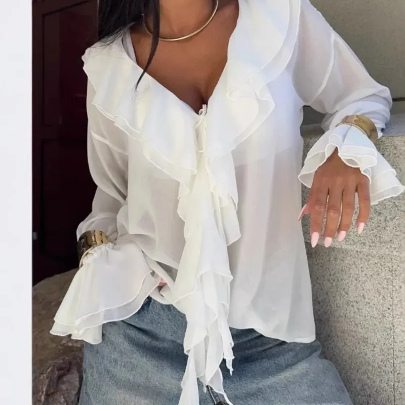 

Повседневные женские рубашки с рюшами, модные белые и черные рубашки с длинным рукавом и V-образным вырезом, женская одежда, праздничная уличная одежда, новинка весны