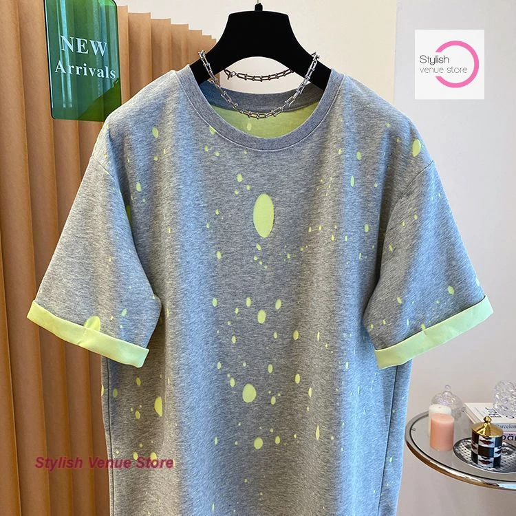 

French temperament advanced sense splash ink hole contrast color T-shirt women's summer loose casual slim short-sleeved shirt