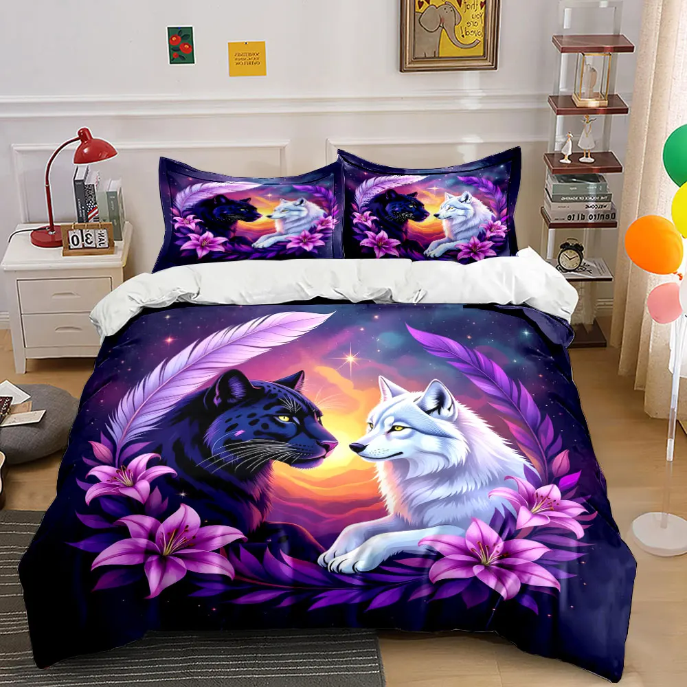 Black Panther and White Wolf Encircled by Purple Flowers Print Bedding Set 1 Duvet Cover 2 Pillowcases for Adult and Children
