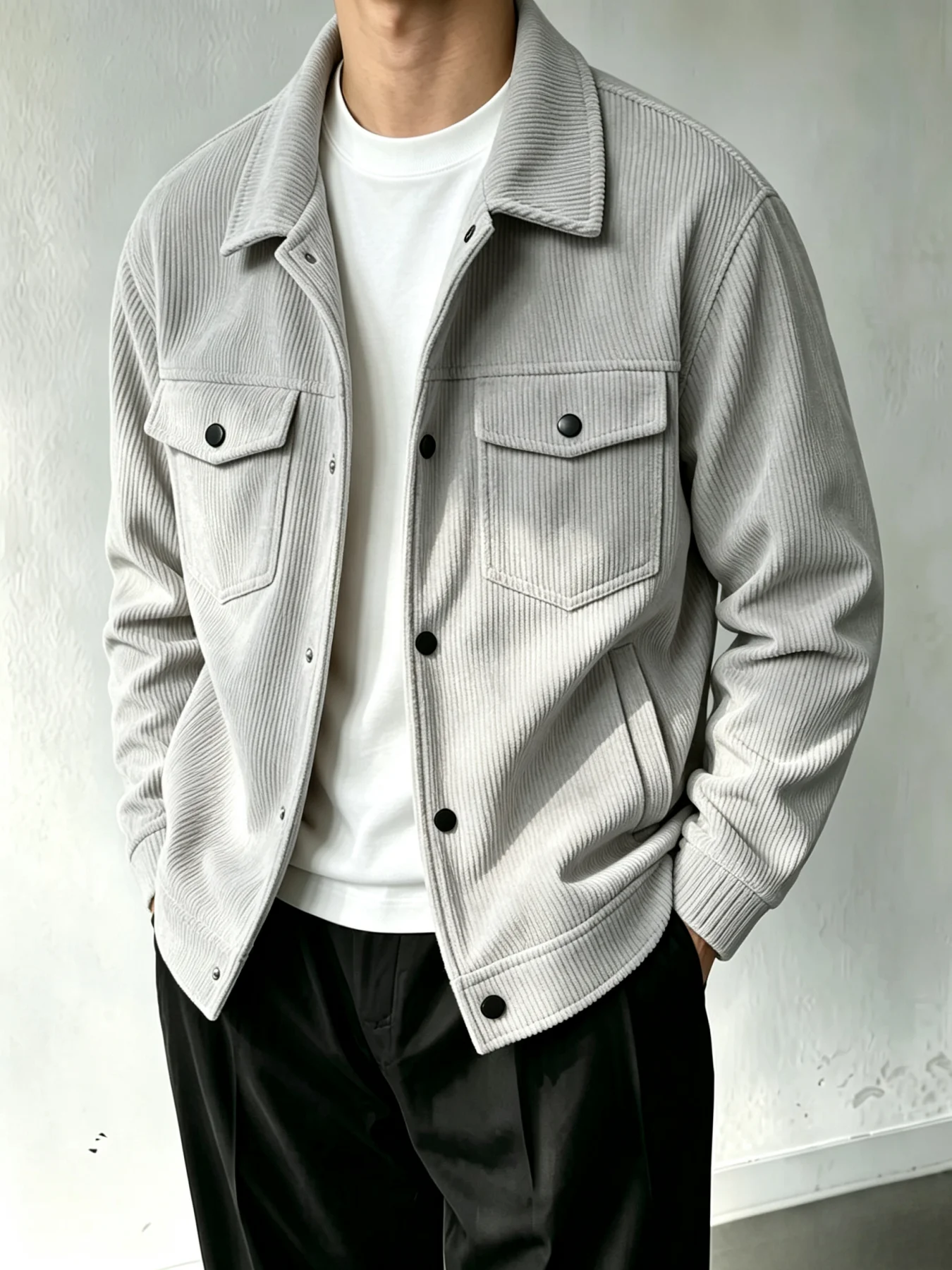 Men Corduroy Lapel Jacket Button Down Casual Trucker Coat With Flap Pockets Autumn Winter Long Sleeve Outerwear