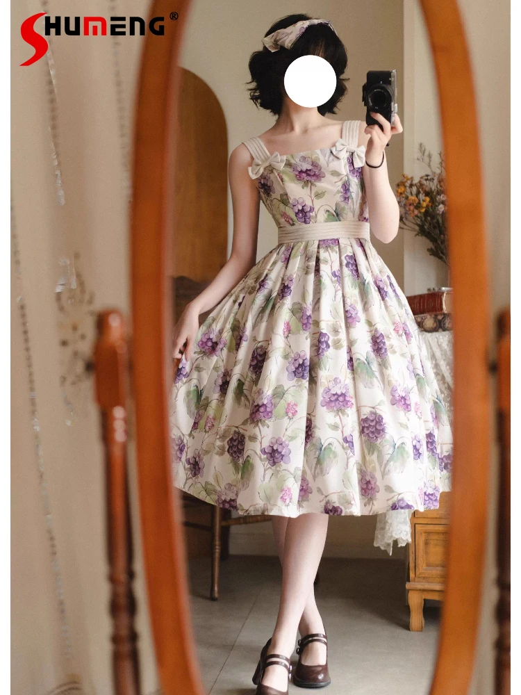 

Original Elegant Retro Classic JSK Dresses Summer Sleeveless Bow High Waist Lace-up Slim A-line Printed Lolita Long Dress Women