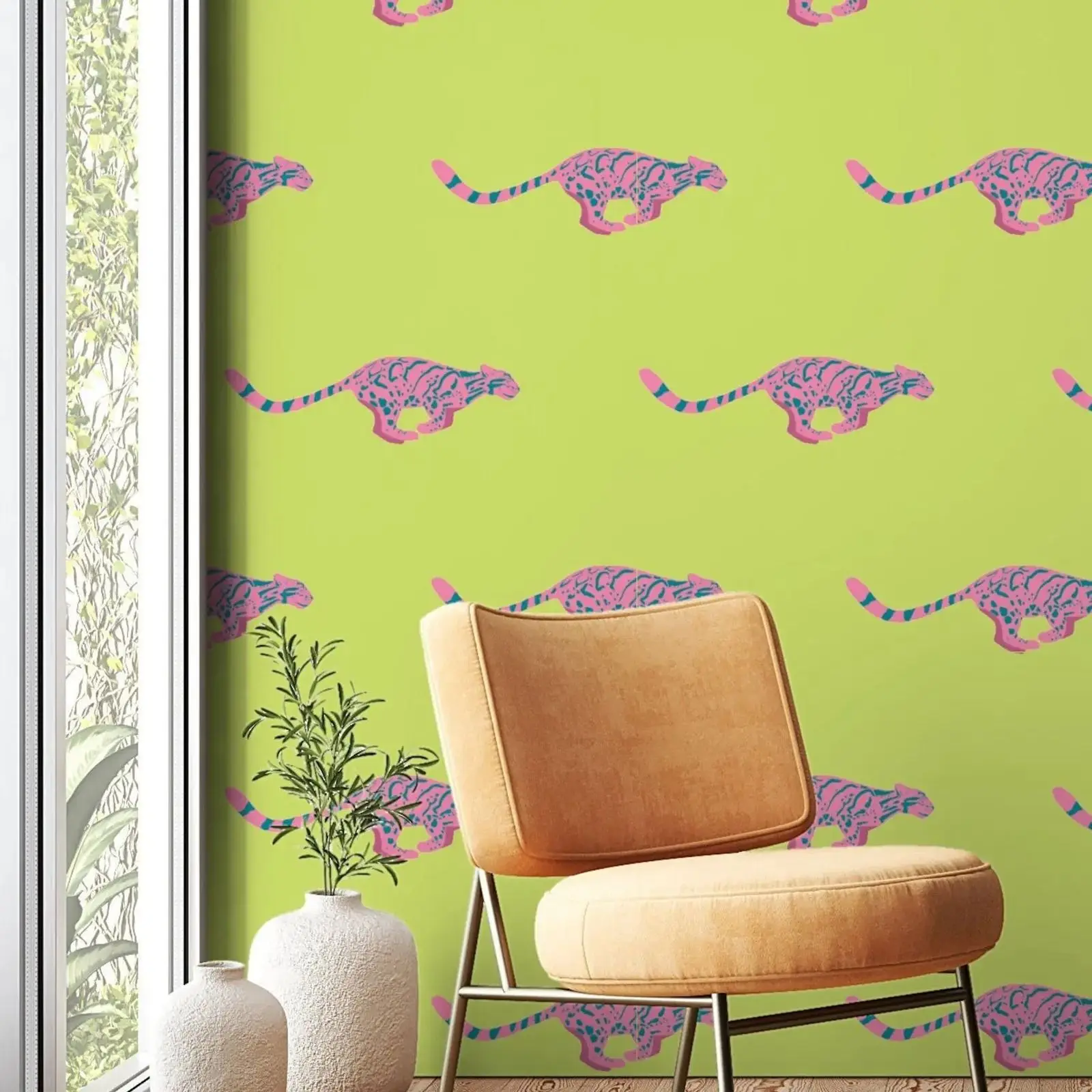 Funky Ocelot Peel and Stick Wallpaper, Green Lime Tiger Wallpaper,Custom Color Removable Wallpaper, Self Adhesive Pink WallPaper